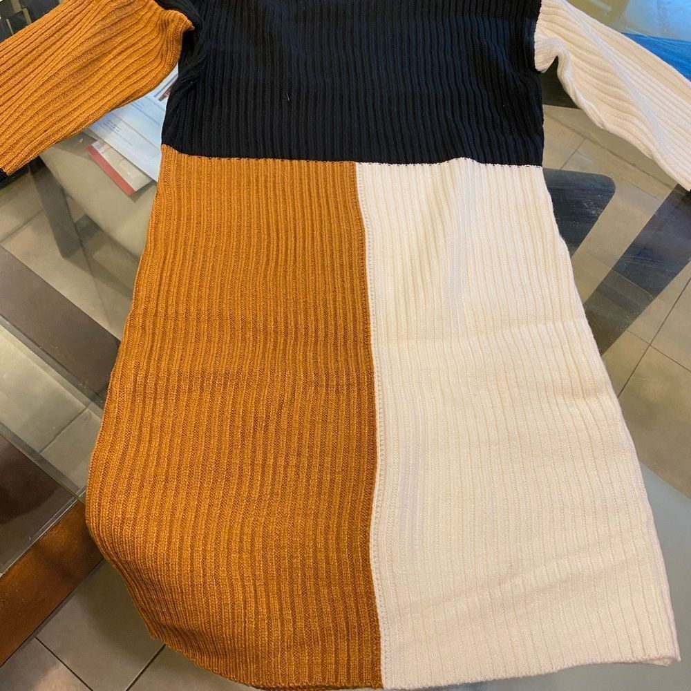 High Neck Sweater Color Block Dress - Picture 2 of 10